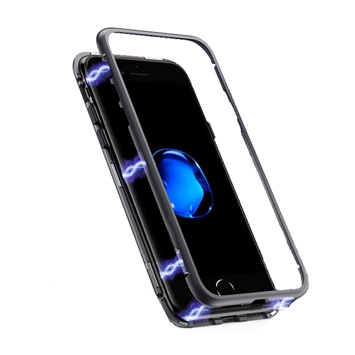 Picture of Magnetic Detachable Metal Frame Case with Tempered Glass Back View for Samsung A750F Galaxy A7 2018 - Color: Black