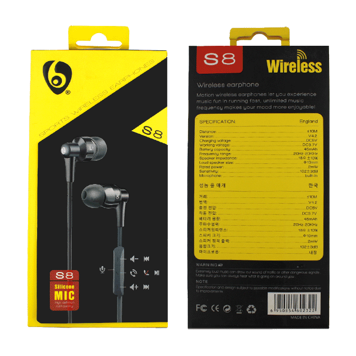 S8 Ακουστικά Handsfree / Sports Wireless Earphones V4.2 Chip - Χρώμα: Μαύρο