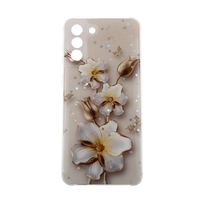 Θήκη Πλάτης Σιλικόνης για Samsung Galaxy S21 Plus (G996B) -Σχέδιο: Λευκά - Χρυσά λουλούδια