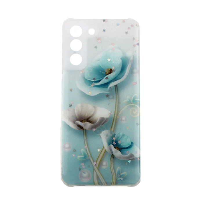 Θήκη Πλάτης Σιλικόνης για Samsung Galaxy S21 G991B - Σχέδιο: Μπλέ Λουλούδια