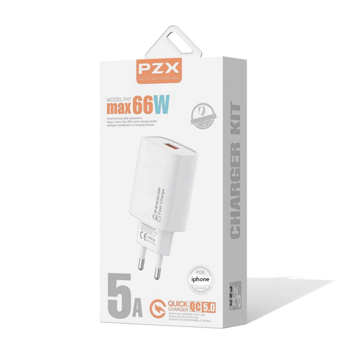 PZX P47 5A Fast Charging Φορτιστής SmartPhone με 1 θύρα Type-A και Καλώδιο σε Lightning 66W - Χρώμα: Λευκό