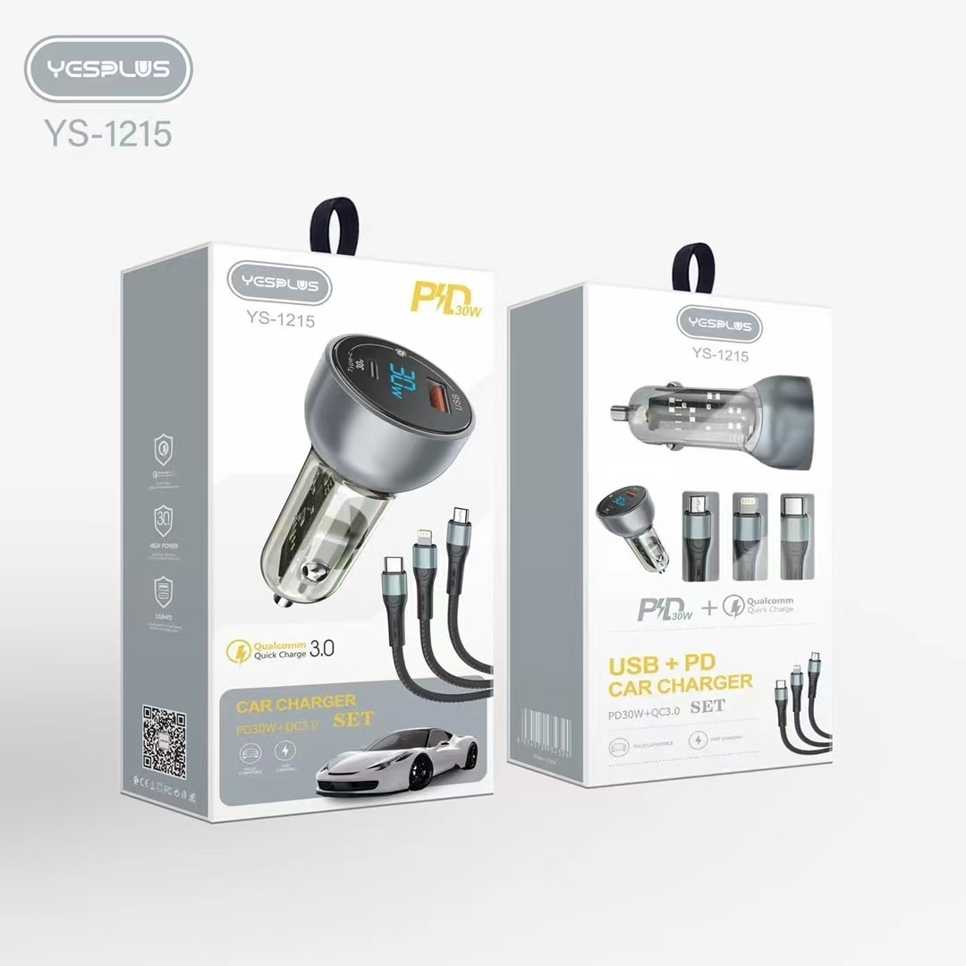YESPLUS YS-1215 LED DISPLAY QC3.0 PD 30W ΔΙΠΛΟ USB ΓΡΗΓΟΡΗ ΦΟΡΤΙΣΤΗΣ ΑΥΤΟΚΙΝΗΤΟΥ ΜΕ ΚΑΛΩΔΙΟ 3 ΣΕ 1 - ΑΣΗΜΙ