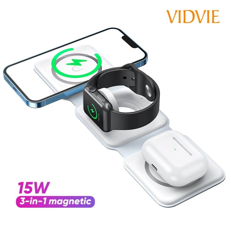 Vidvie WLC1408 15W Αναδιπλούμενος ασύρματος φορτιστής 3 σε 1 και 60W Καλώδιο USB-C - Λευκό