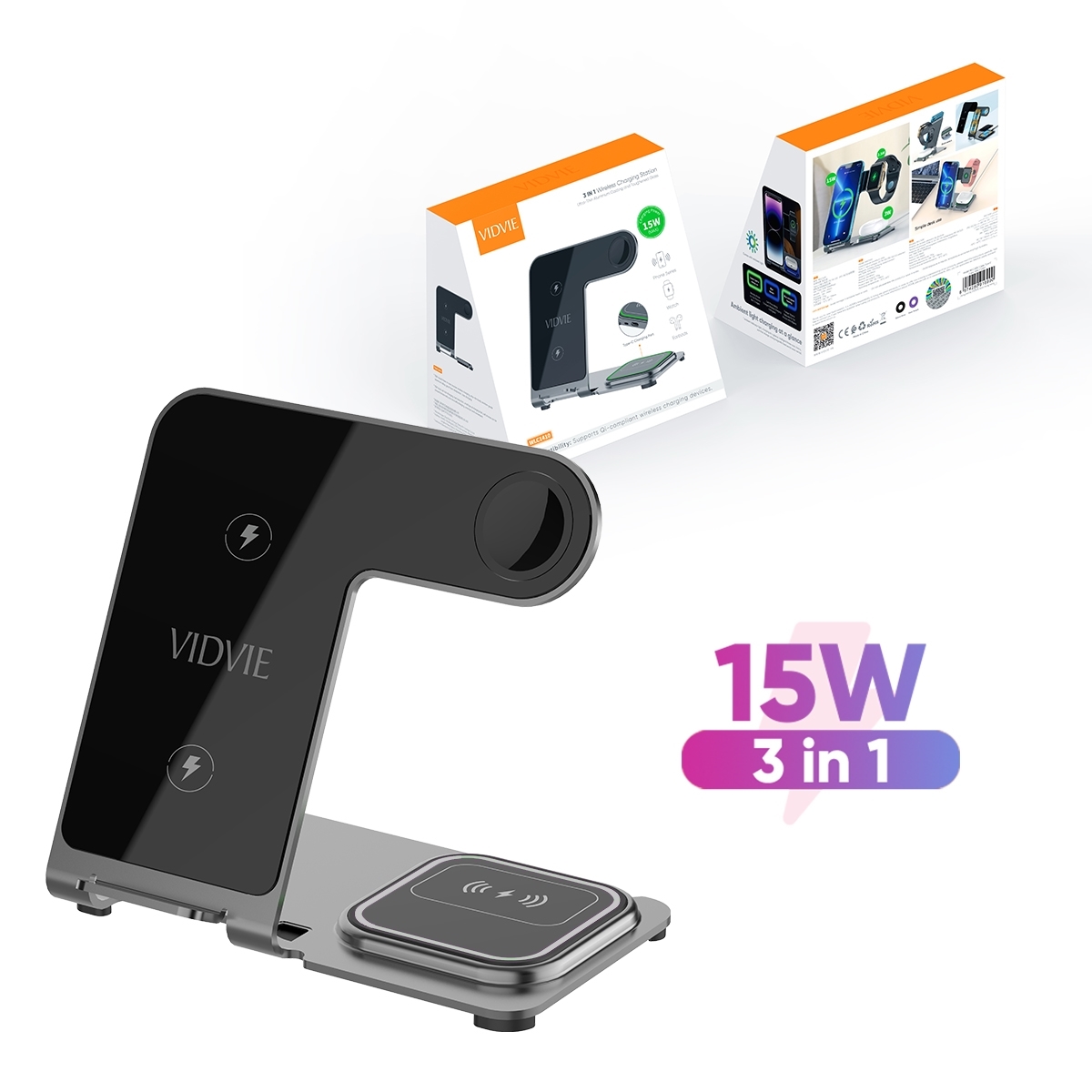 Vidvie WLC1410 15W Αναδιπλούμενος ασύρματος φορτιστής 3 σε 1 - Γκρί