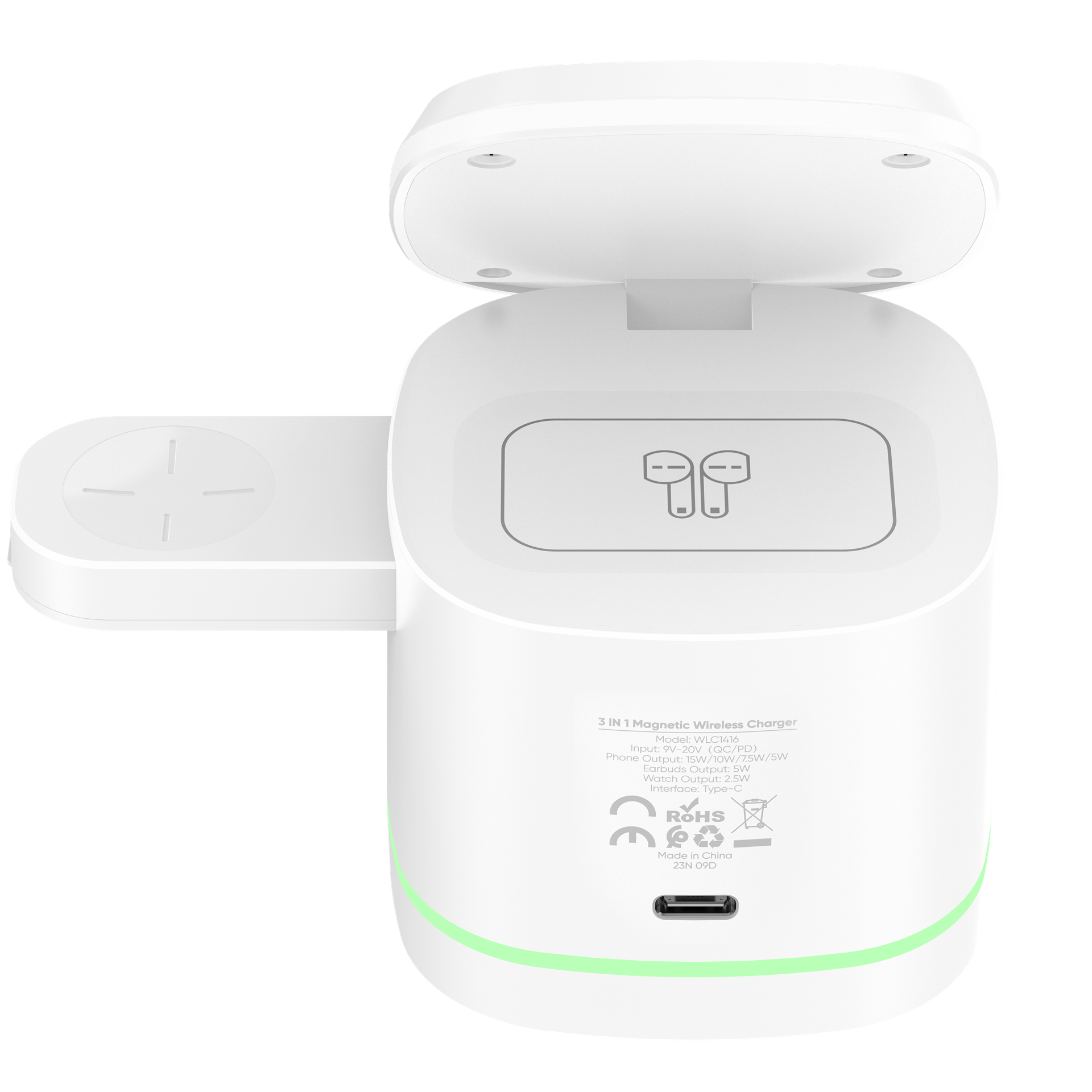 Vidvie WLC1416 15W Στάντζα Aσύρματος φορτιστής 3 σε 1 και 60W Καλώδιο USB-C - Λέυκο