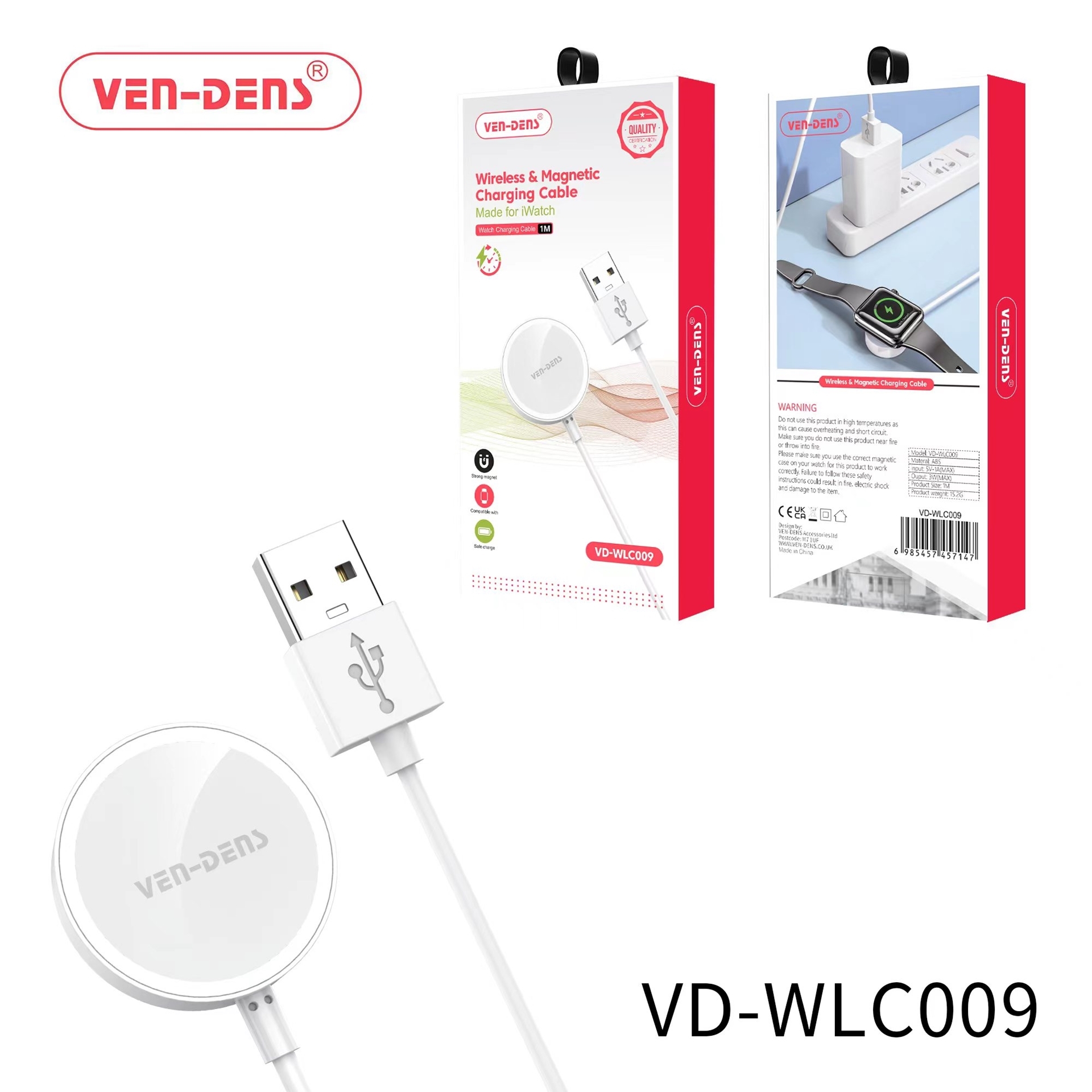 VEN-DENS VD-WLC009 Ασύρματης Φόρτισης Καλώδιο Θύρα USB-A για Apple Watch 3W - Λευκό