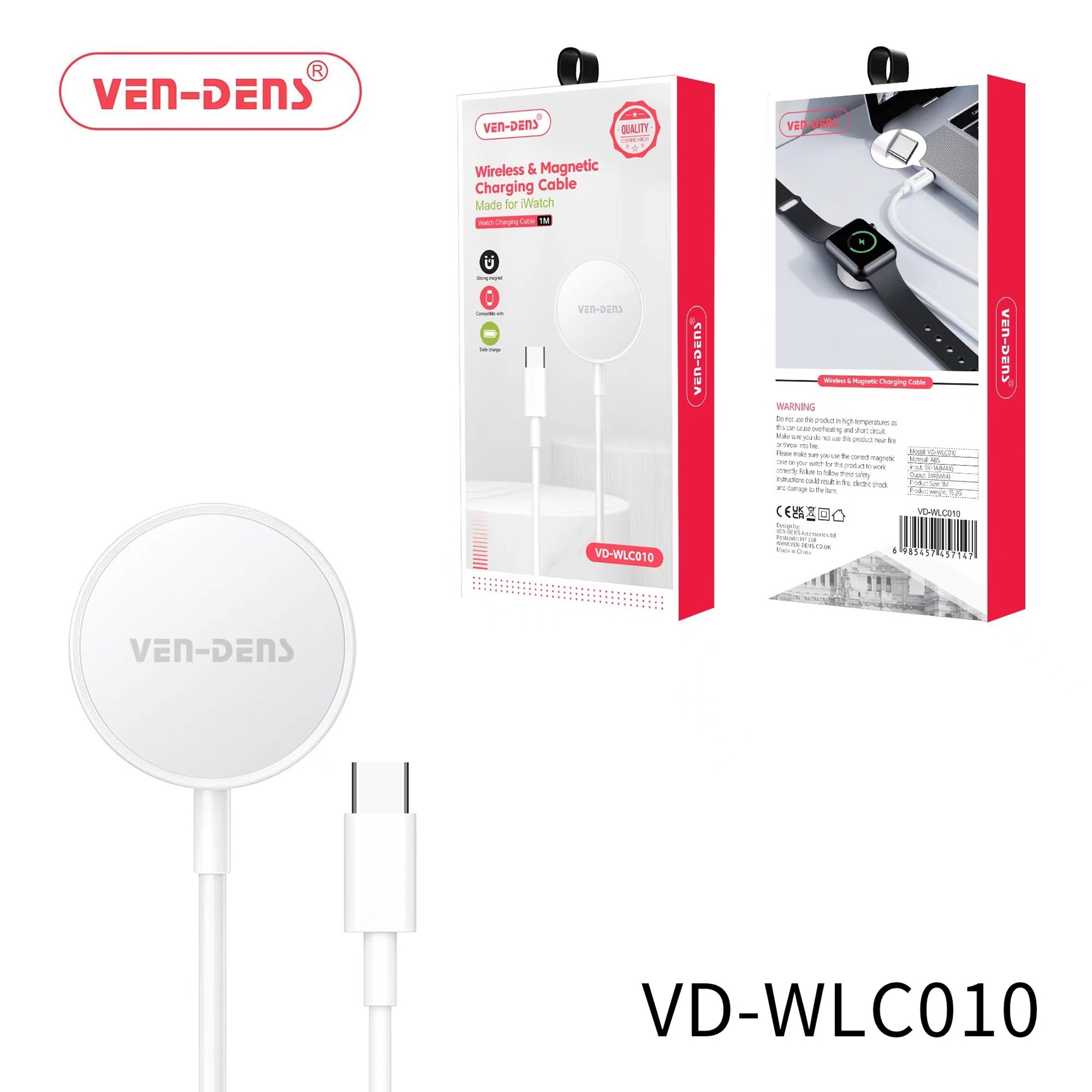VEN-DENS VD-WLC010 Ασύρματης Φόρτισης Καλώδιο Θύρα USB-Type-C για Apple Watch 3W - Λευκό