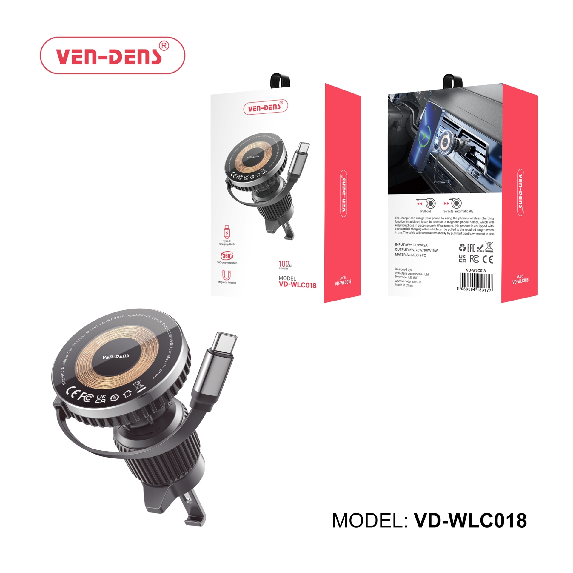 VEN-DENS VD-WLC018 15W Μαγνητικός ασύρματος φορτιστής αυτοκινήτου 360 περιστροφής με καλώδιο Type-C - Μάυρο