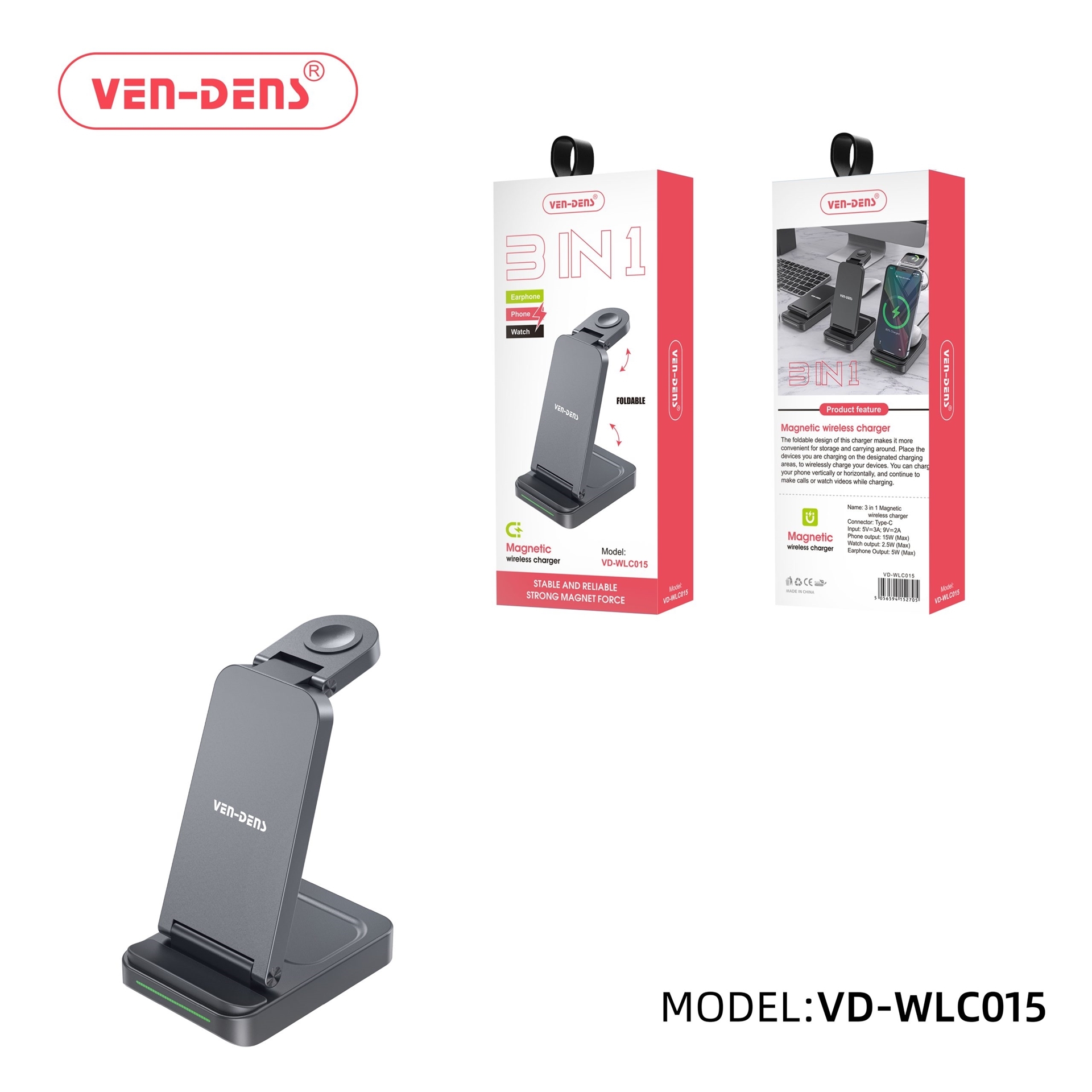 VEN-DENS VD-WLC015 15W Στάντζα Aσύρματος φορτιστής 3 σε 1 - Μαύρο