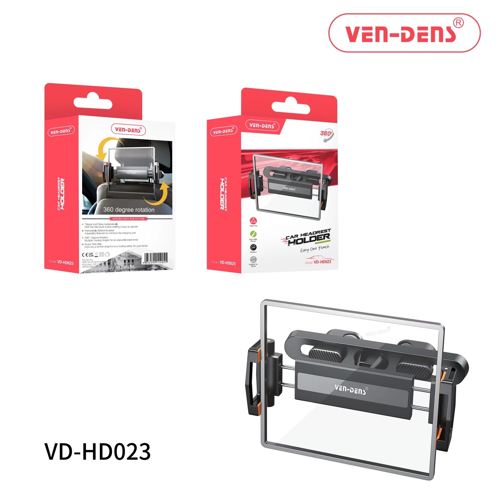 VEN-DENS VD-HD023 Βάση Tablet και Κινητού Αυτοκινήτου με Ρυθμιζόμενα Άγκιστρα - Μάυρο