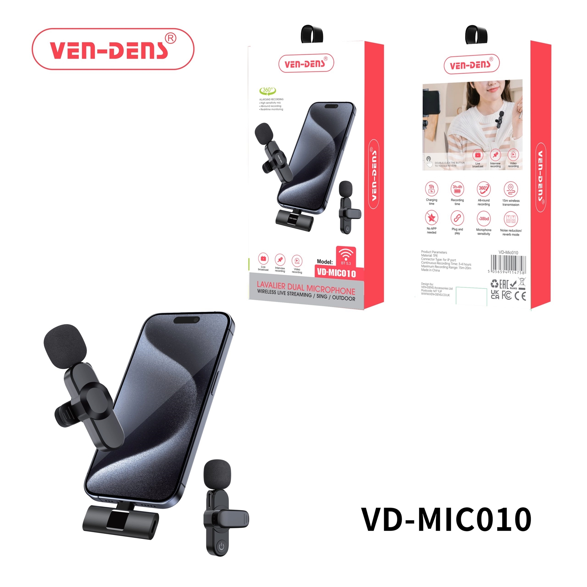 VEN-DENS VD-MIC010 Dual Ασύρματο Μικρόφωνο με δέκτη, βύσμα Lightning (2pcs) - Μαύρο