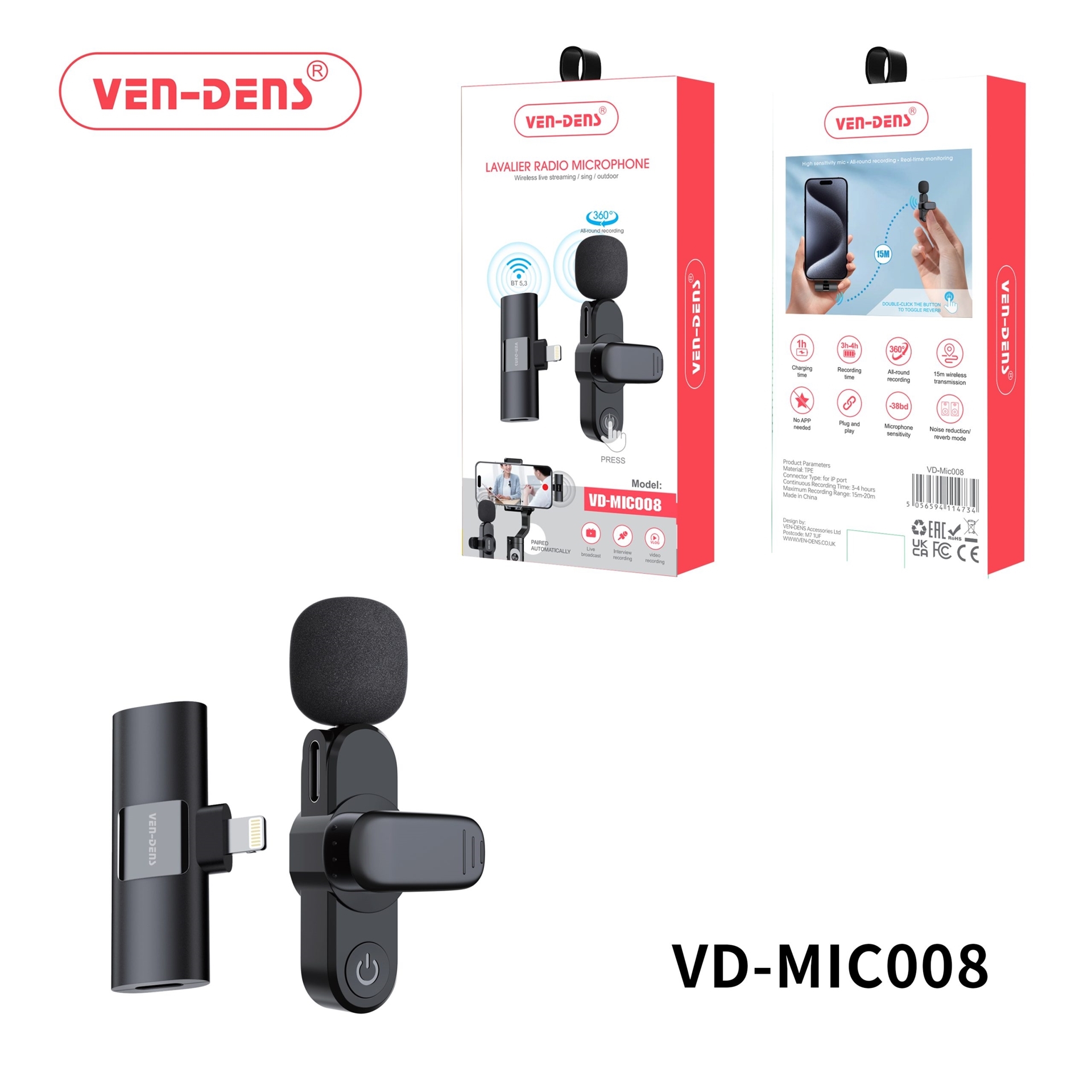 VEN-DENS VD-MIC008 Ασύρματο Μικρόφωνο με δέκτη, βύσμα Lightning - Μαύρο