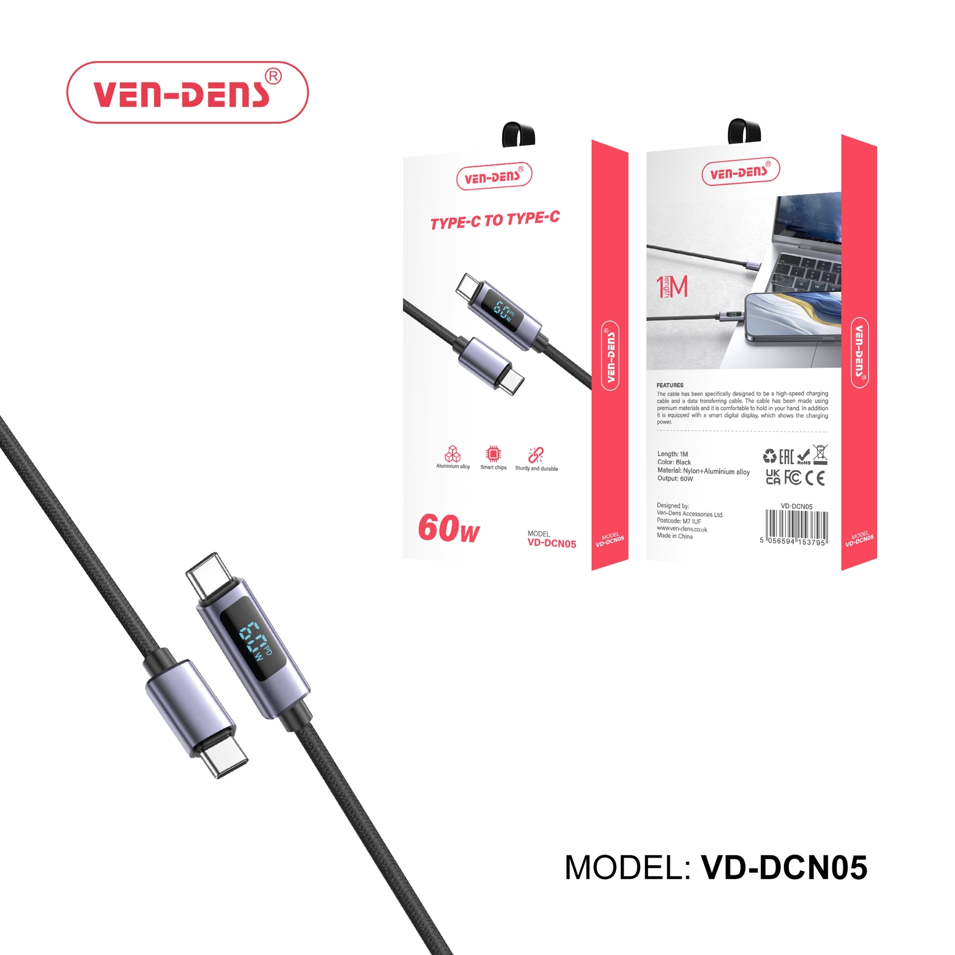 VEN-DENS VD-DCN05 60W Καλώδιο Φόρτισης και Μεταφοράς Δεδομένων με Οθόνη - LCD - USB-C σε USB-C (1m) - Χρώμα: Μάυρο