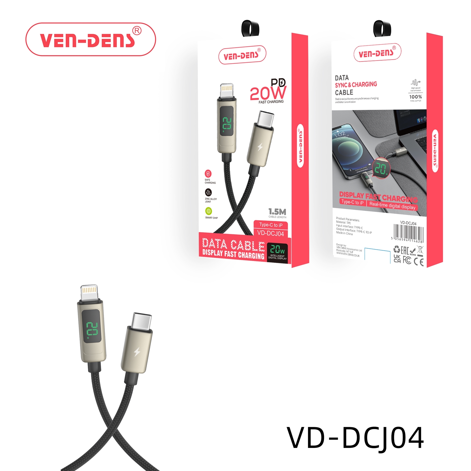 VEN-DENS VD-DCJ04 20W Καλώδιο Φόρτισης και Μεταφοράς Δεδομένων με Οθόνη - LCD - USB-C σε Lightning (1.5m) - Χρώμα: Μάυρο