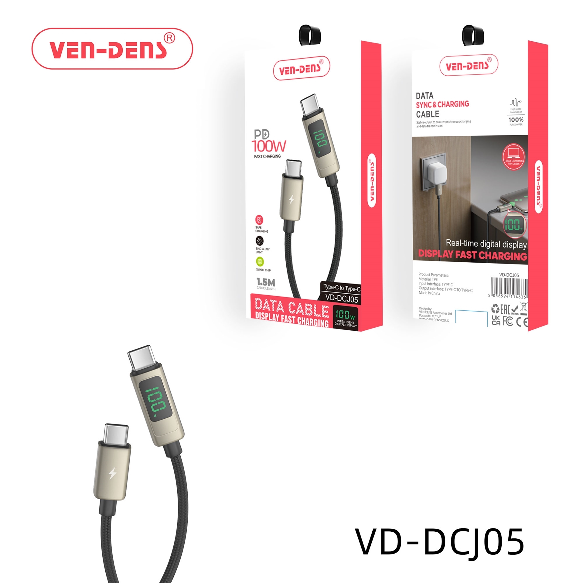 VEN-DENS VD-DCJ05 100W Καλώδιο Φόρτισης και Μεταφοράς Δεδομένων με Οθόνη - LCD - USB-C σε USB-C (1.5m) - Χρώμα: Μάυρο