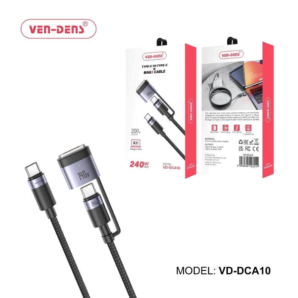 VEN-DENS VD-DCA10 240W Καλώδιο Φόρτισης και Μεταφοράς Δεδομένων 3 σε 1 Type-C σε Type-C Και Mag3 (2m) - Χρώμα: Μάυρο
