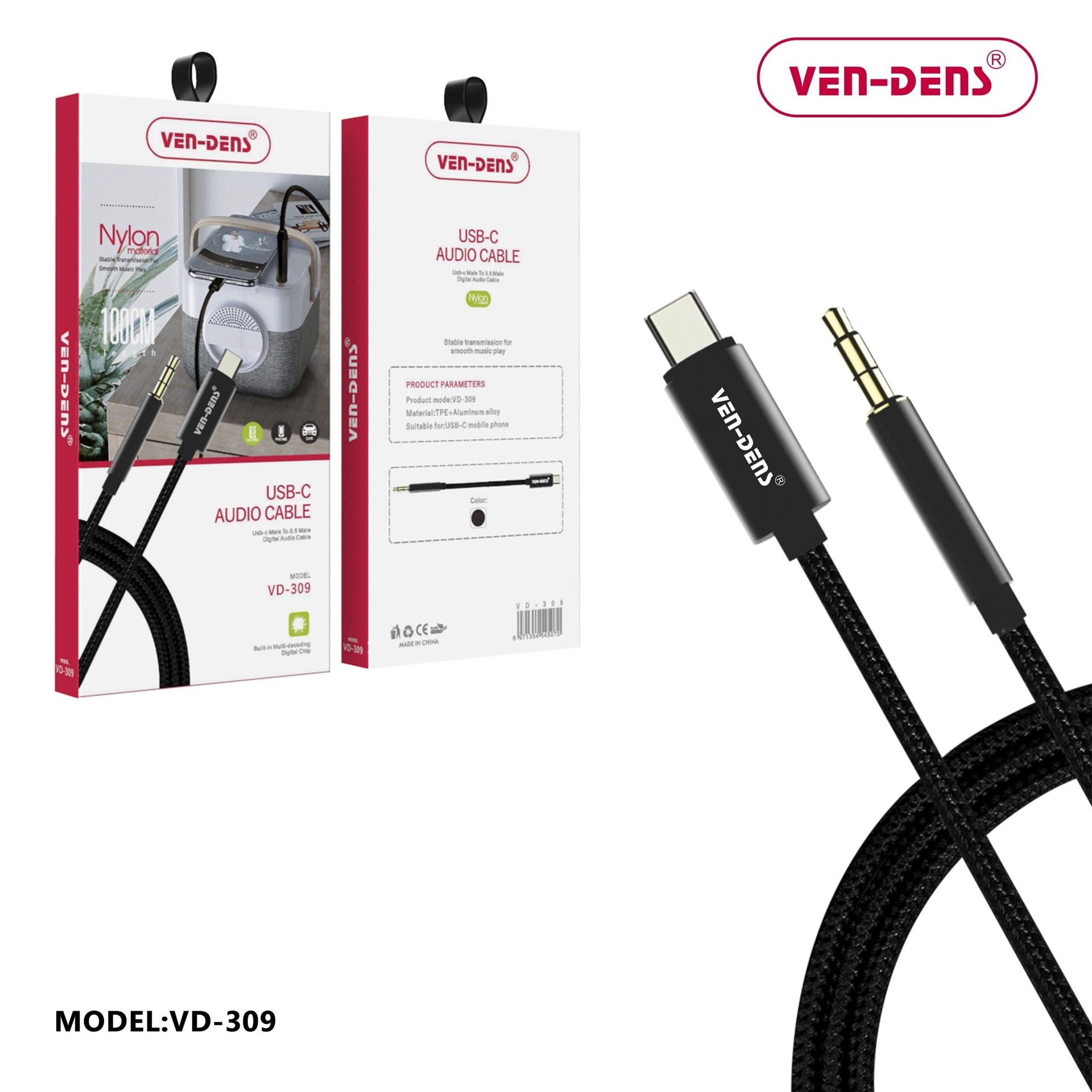 VEN-DENS VD-AUX002 Καλώδιο Ήχου Aux Cable Male 3.5mm Jack Σε USB Type C (100cm) - Μάυρο
