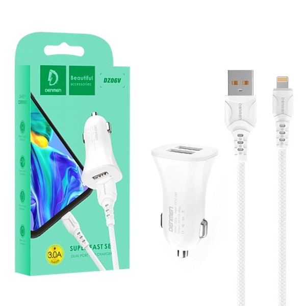 Vdenmenv DZ06L Φορτιστής αυτοκινήτου με 2X Θύρα USB-A Και Καλώδιο Lightning Γρήγορη φόρτιση QC3.0 - Λευκό