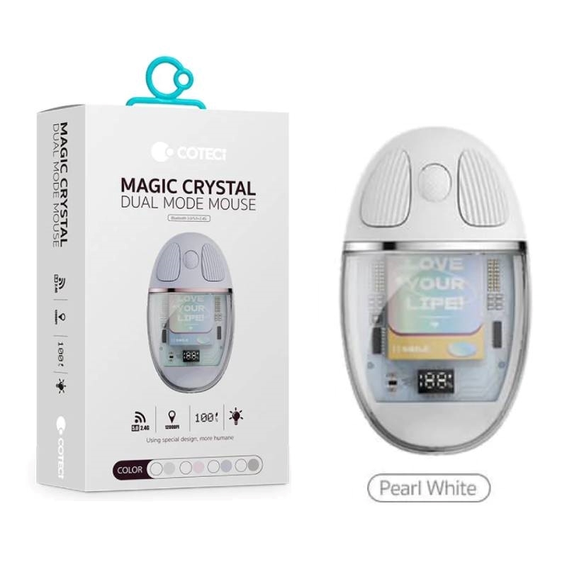 COTECi 84011-WH Magic Crystal Mouse Transparent Texture Dual-mode Mouse, Silent And Not Disturbing, Smart Percussion - White