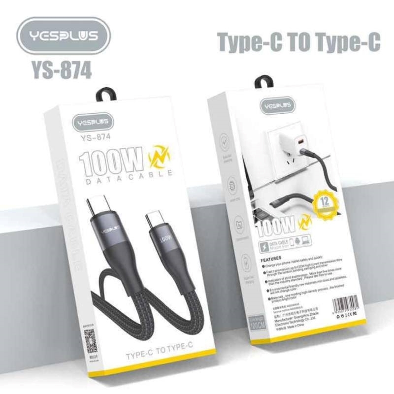 Yesplus YS-874 Καλώδιο φόρτισης δεδομένων Type-C σε Type-C PD 100W 1M - Μαύρο