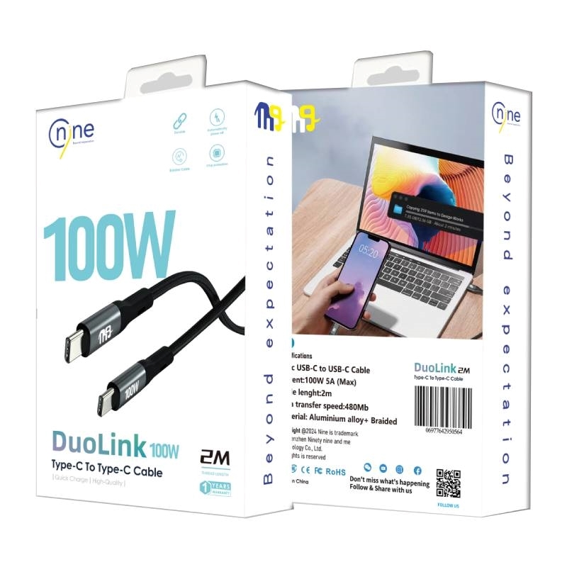 Nine 100W Duolink Καλώδιο φόρτισης δεδομένων USB-C σε USB-C - Μαύρο