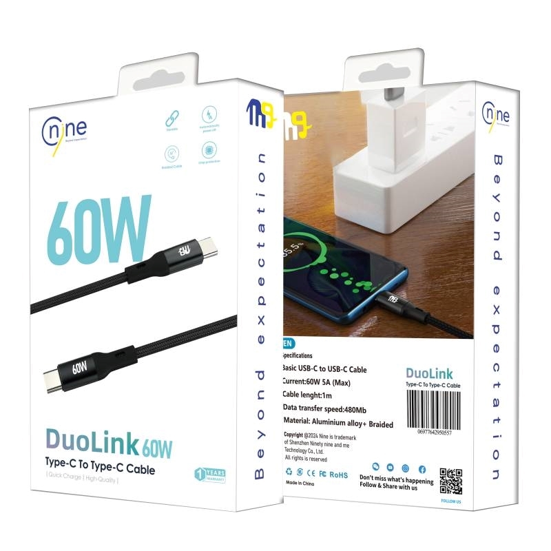 Nine 60W Duolink Καλώδιο φόρτισης δεδομένων USB-C σε USB-C - Μαύρο