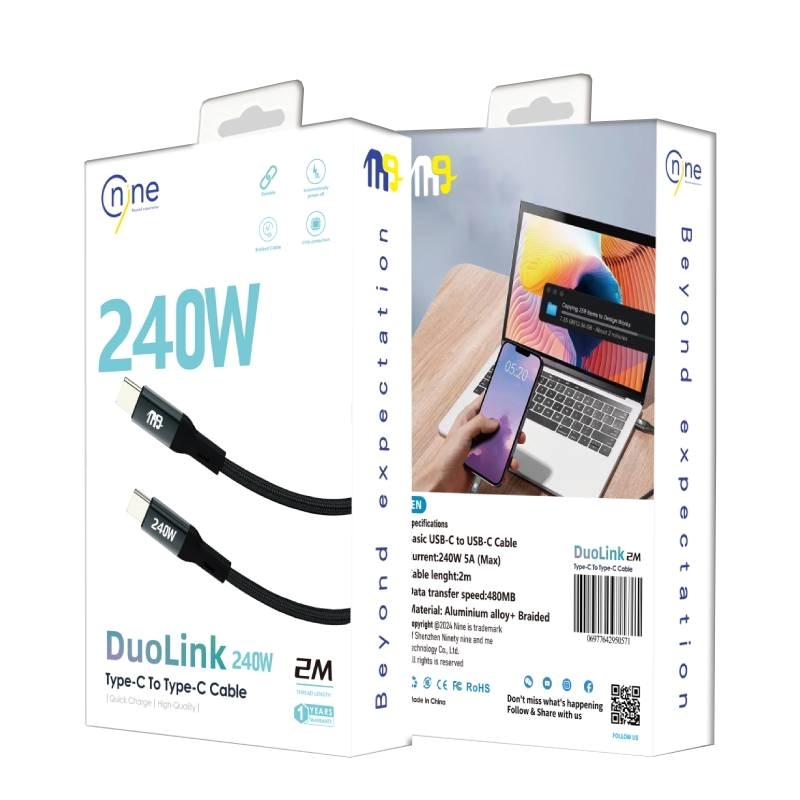 Nine 240W Duolink Καλώδιο φόρτισης δεδομένων USB-C σε USB-C - Μαύρο