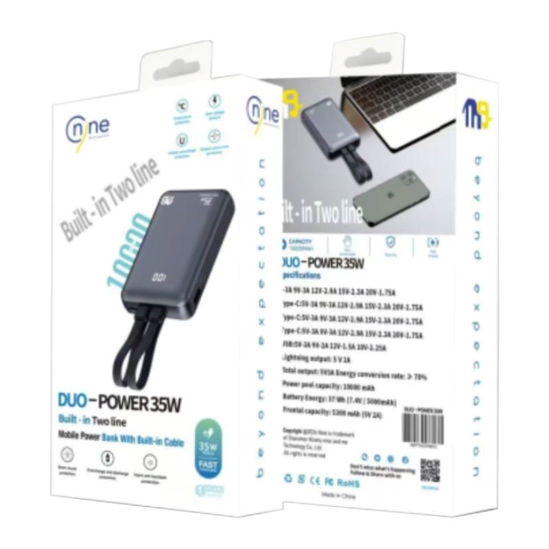 Nine Duo 35W Γρήγορη φόρτιση Power Bank Με καλώδια Type-C Και Lightning 10000 mAh - Χρώμα: Μαύρο