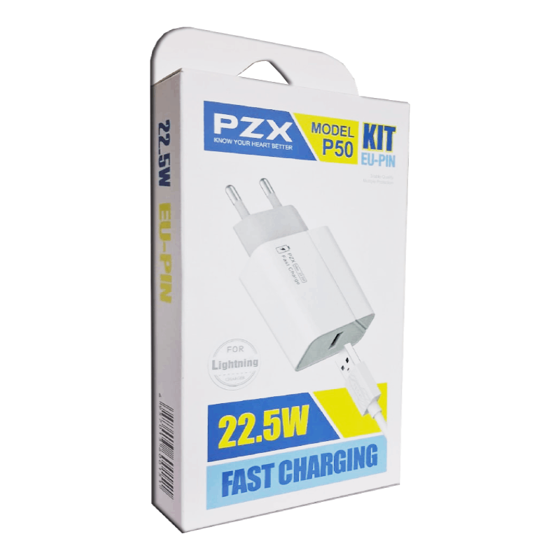 PZX P50 Fast Charging Φορτιστής με Θύρα USB και Καλώδιο iPhone Lightning 5.0A /22.5W - Χρώμα: Λευκό