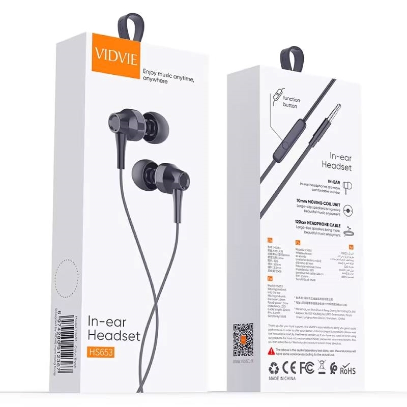Vidvie HS653 Handsfree Ακουστικά με Βύσμα 3.5mm Jack Με Μικρόφωνο και κουμπί απάντησης - Μαύρο
