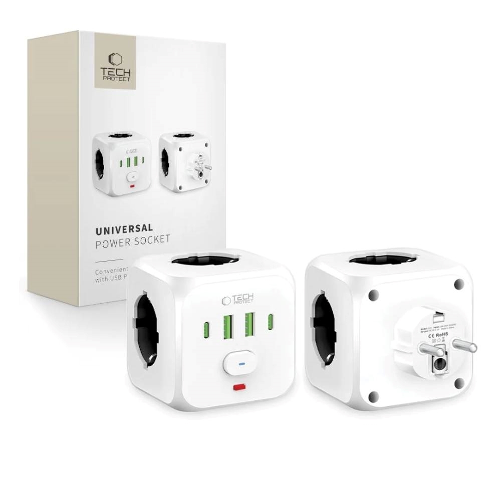 Tech‑Protect C13 Τροφοδοτικό PCL 3X4 με 2 θύρες USB‑A και 2 θύρες USB‑C - WHITE