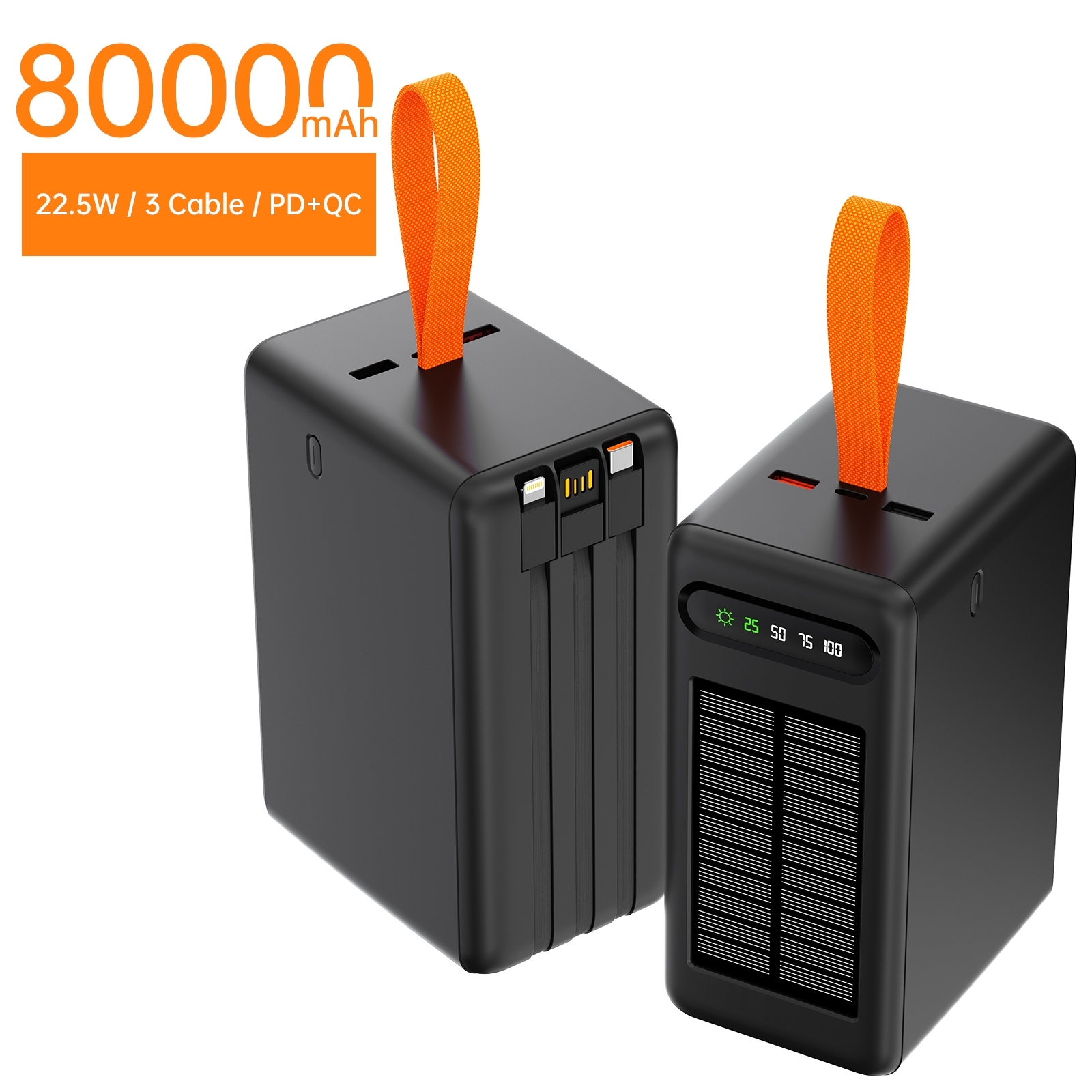 ASPOR A377 Solar Power Banks Large Capacity 80000 mAh Power Bank for Phone Portable Charger - Black