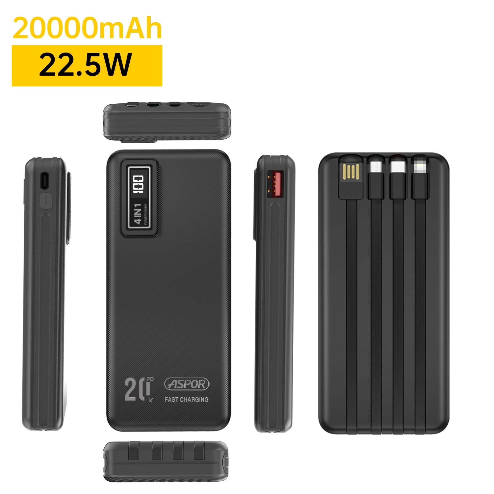Aspor A301PD 20000 mAh Portable Power Station USB Fast 25W for Wireless Charging 22.5W PD 20000 mAh Built-in Cables - Black