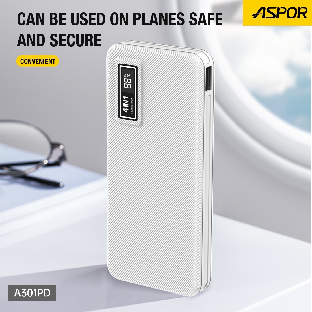 Aspor A301PD 20000 mAh Portable Power Station USB Fast 25W for Wireless Charging 22.5W PD 20000 mAh Built-in Cables - White