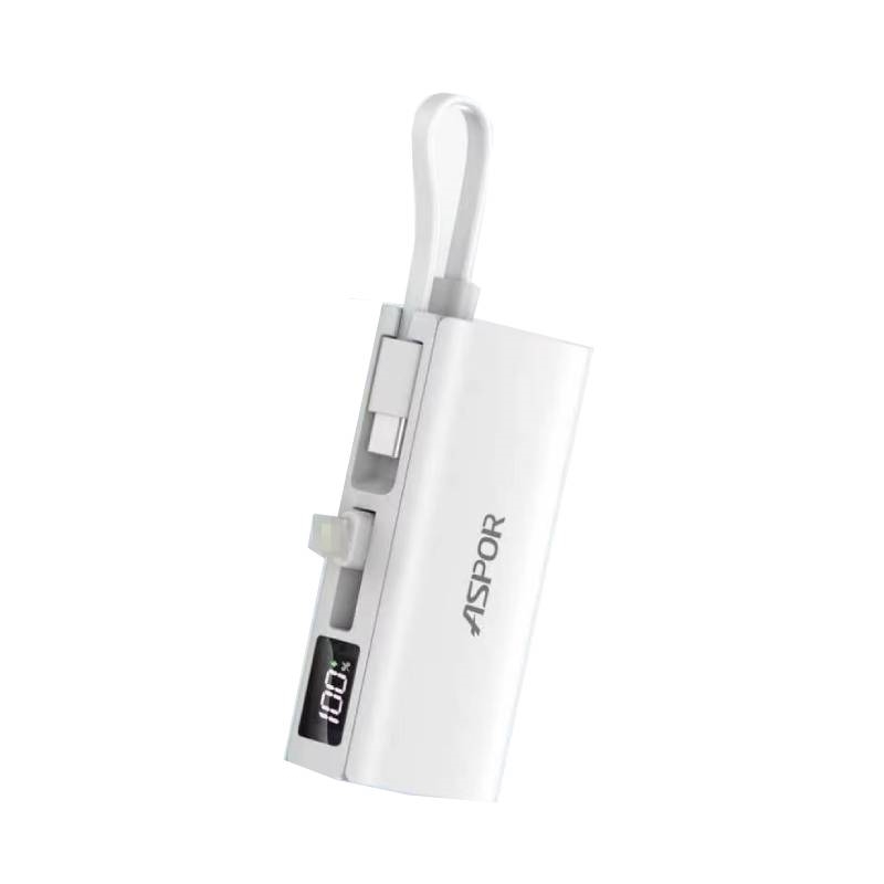 Aspor A351 Power Bank 5000 mAh Smart Mini Power Bank for Emergency Using Built-in Lightning Connector PD20W+QC22.5W Power Banks - White
