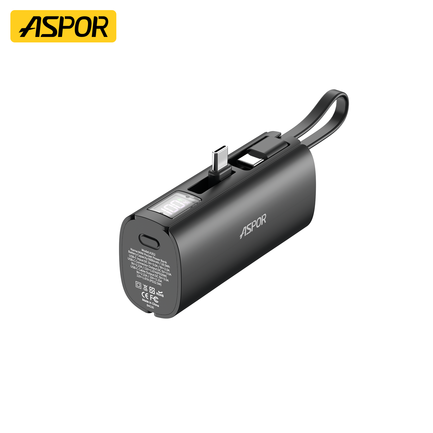 Aspor A352 Power Bank 5000 mAh Smart Mini Power Bank for Emergency Using Built-in Type-C Connector PD20W+QC22.5W Power Banks - Black