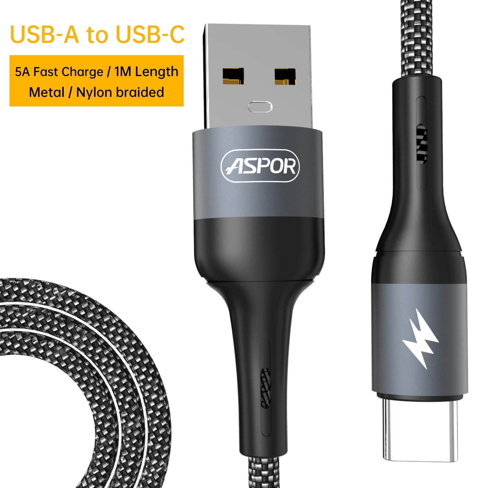 ASPOR AC53 Καλώδιο 5A USB-A σε Type-C Γρήγορη Φόρτιση - Μαύρο