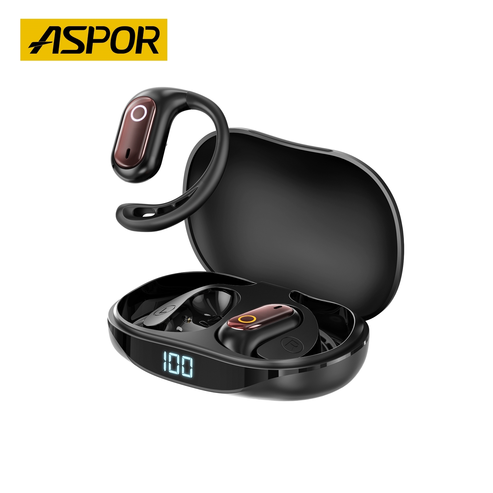 Aspor A667 Ασύρματα ακουστικά στερεοφωνικά BT Over-Ear OWS με κλιπ αυτιού - Μαύρο