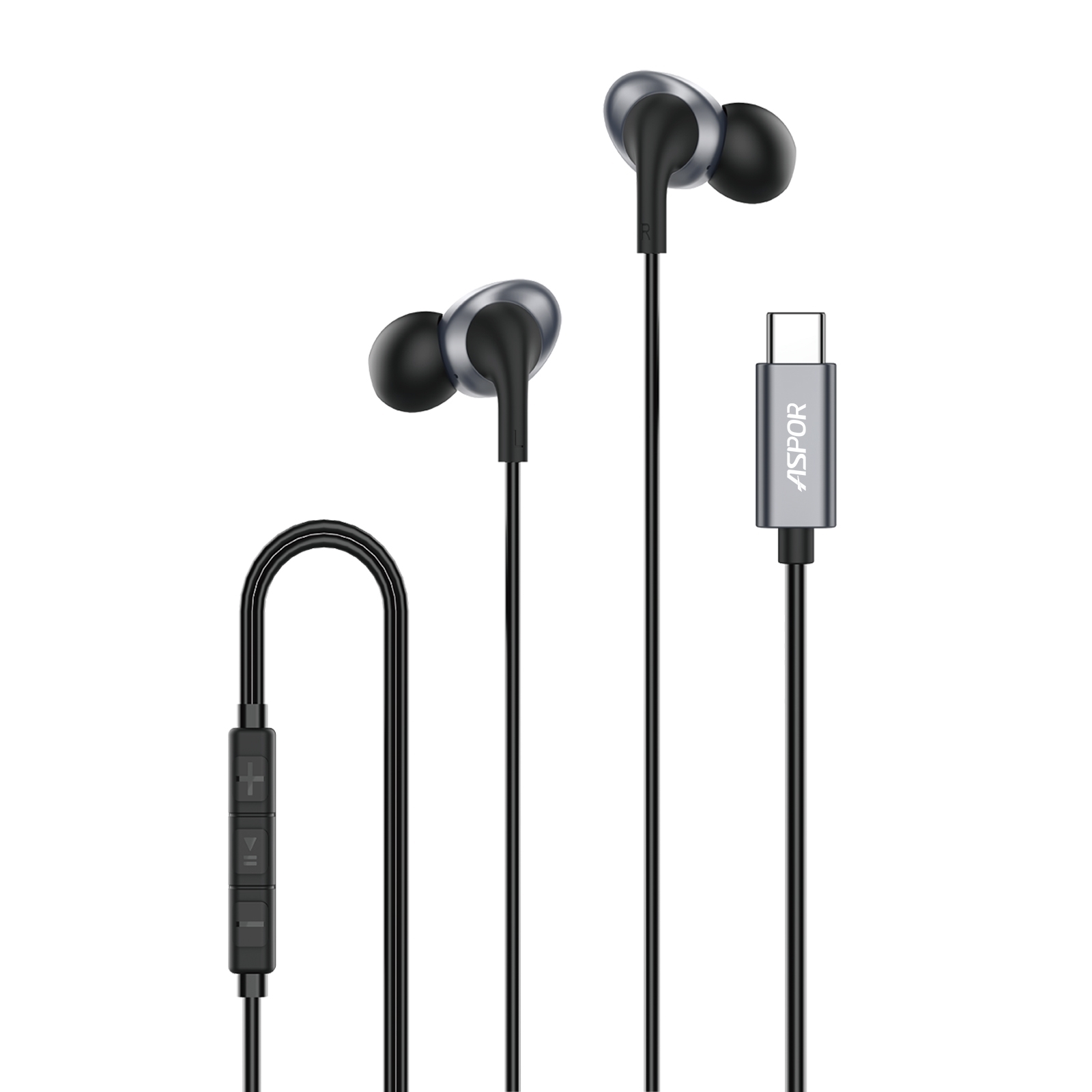 Aspor A250 Handsfree Ακουστικά με Βύσμα Type-C Με Μικρόφωνο και Κουμπί αύξησης/μείωσης έντασης ήχου - Μαύρο