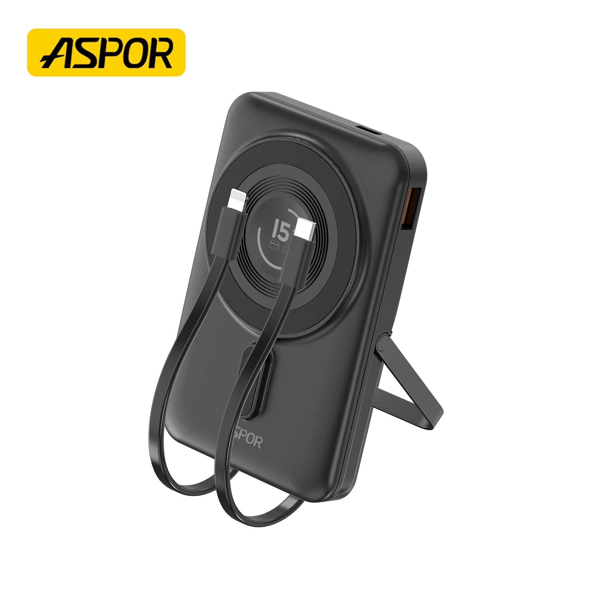 Aspor A327 10000 mAh Wireless Magsafe Power Bank 18W 6in1 With Detached Cables