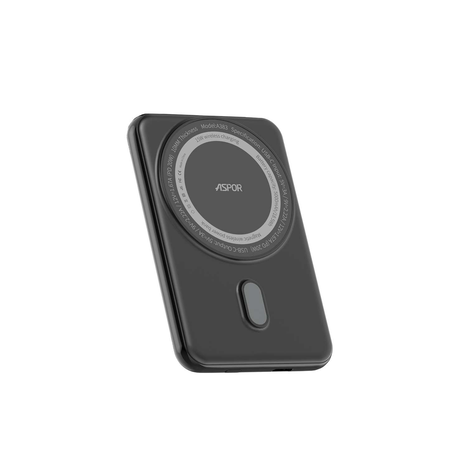 Aspor A385 10000 mAh Wireless Magsafe Power Bank PD20W With Usb Type-C Input And Output - Μαύρο