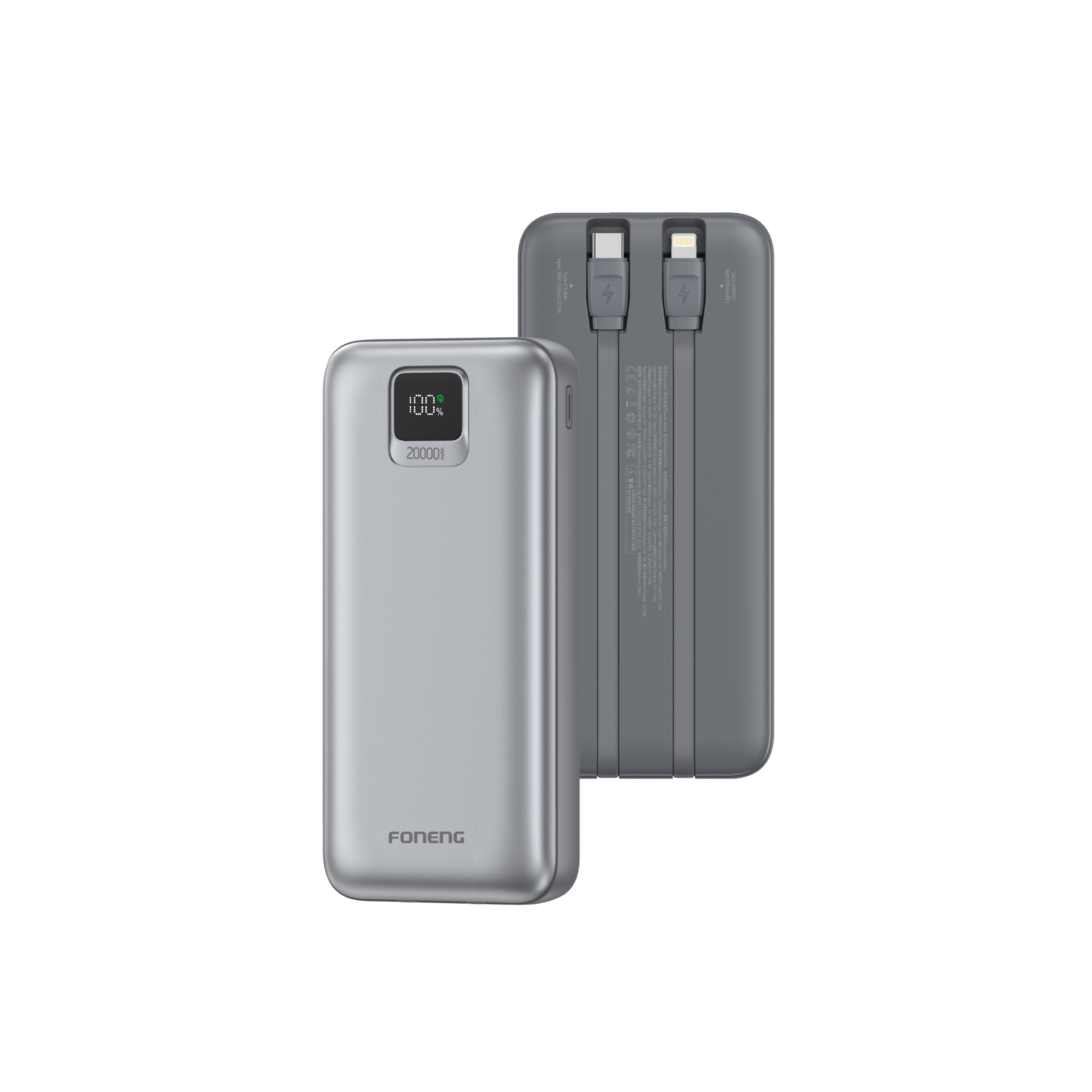 Foneng PX136 20000 mAh Power Bank with 2 Built-in Cables (22.5W) Power Delivery - Γκρί
