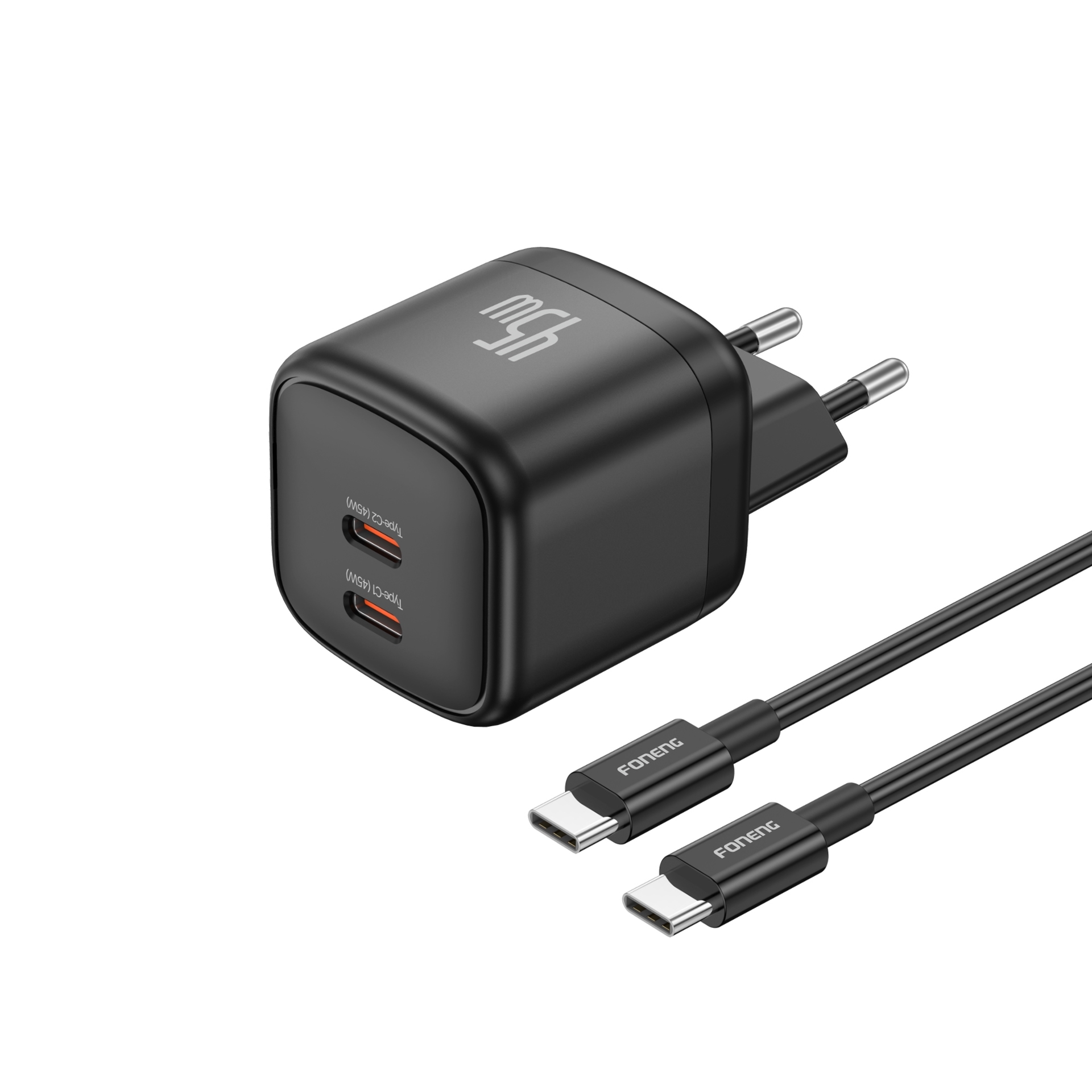 Foneng Cube 45W GaN Γρήγορη Φόρτιση με 2x Θύρα USB-C με Καλώδιο Type-C Σε Type-C - Μαύρο