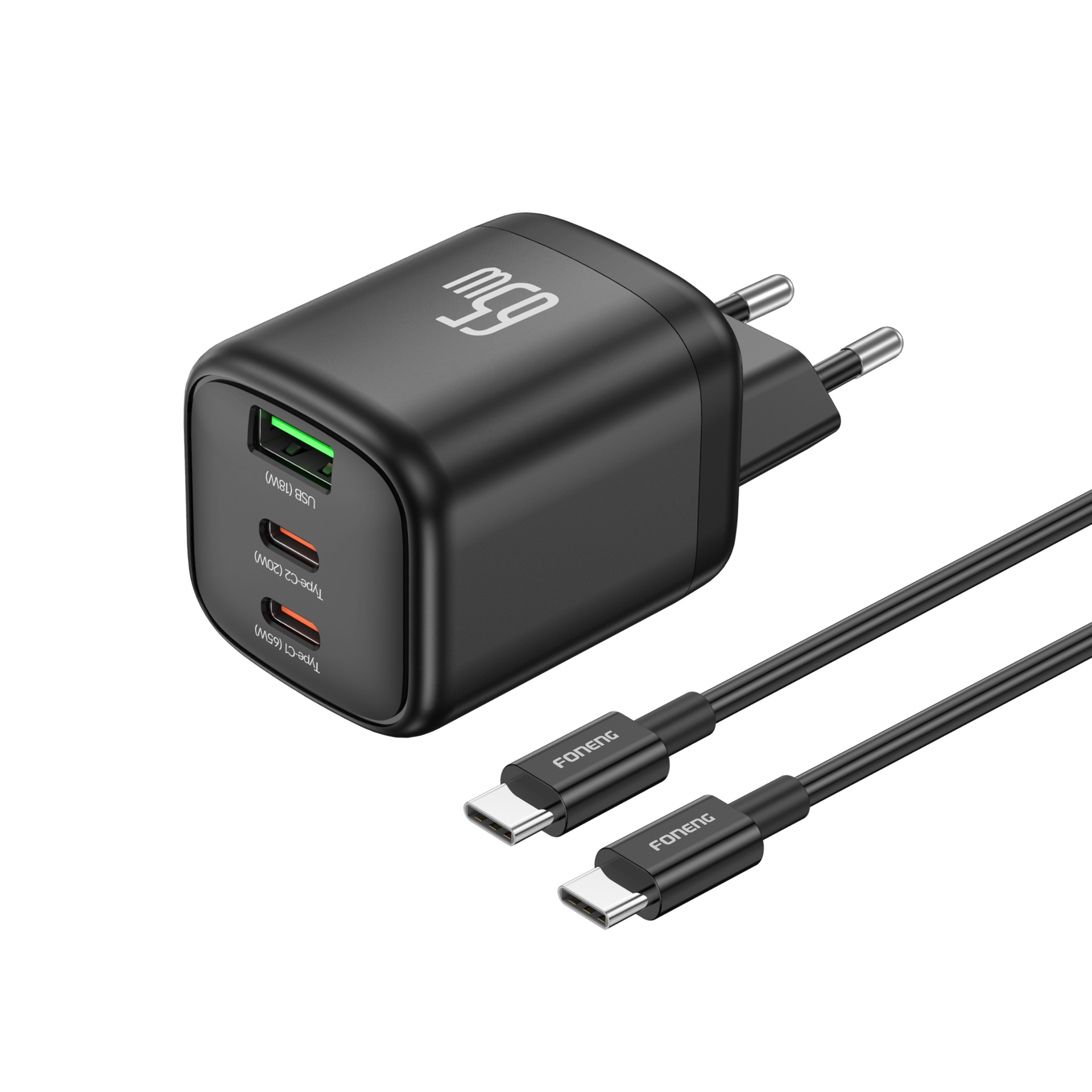 Foneng Cube 65W GaN Γρήγορη Φόρτιση με 2x Θύρες USB-C και 1x Θύρα USB-A με Καλώδιο Type-C Σε Type-C - Μαύρο