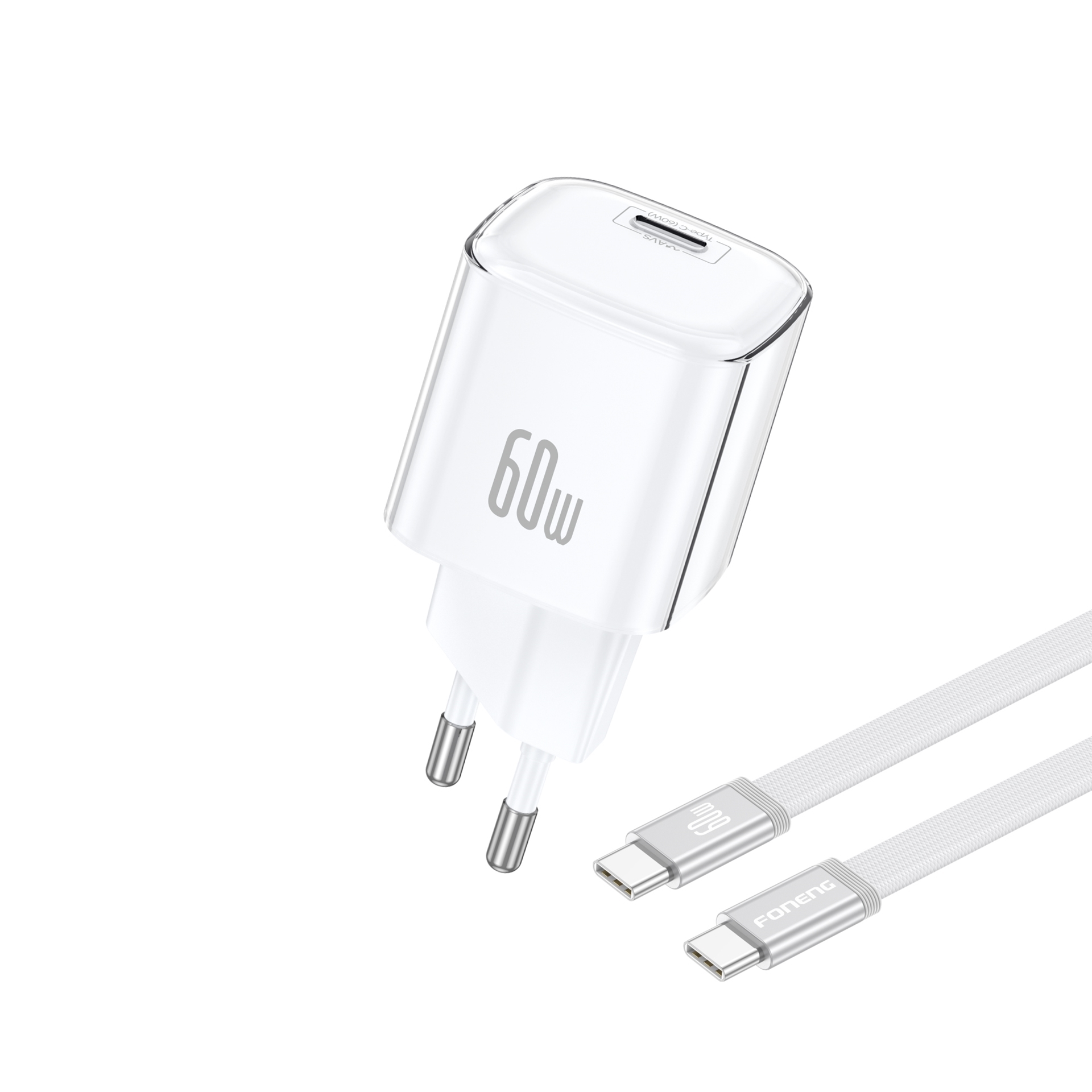 Foneng Max40 60W GaN Γρήγορη Φόρτιση με Θύρα USB-C και Καλώδιο Type-C Σε Type-C - Λευκό
