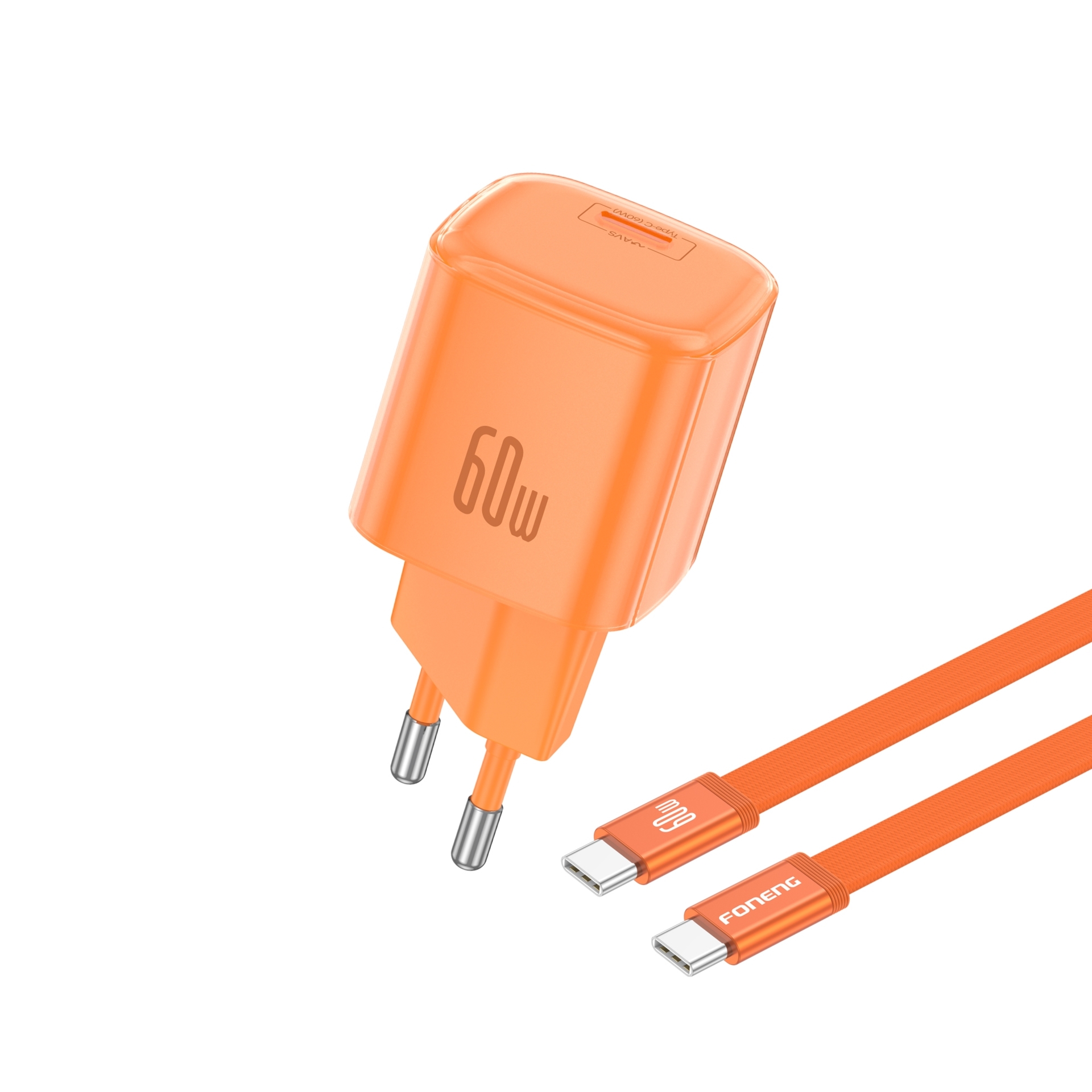 Foneng Max40 60W GaN Γρήγορη Φόρτιση με Θύρα USB-C και Καλώδιο Type-C Σε Type-C - Πορτοκάλι