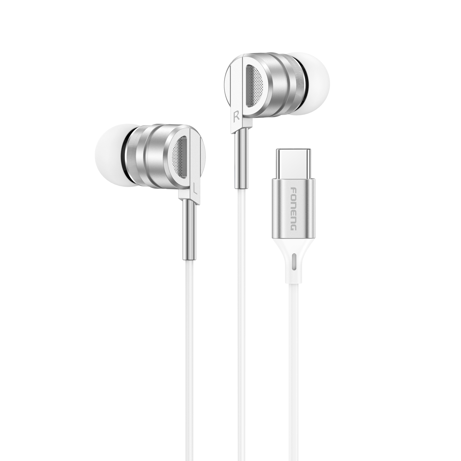 Foneng T69 Handsfree Ακουστικά με Βύσμα Type-C Με Μικρόφωνο - Ασήμι