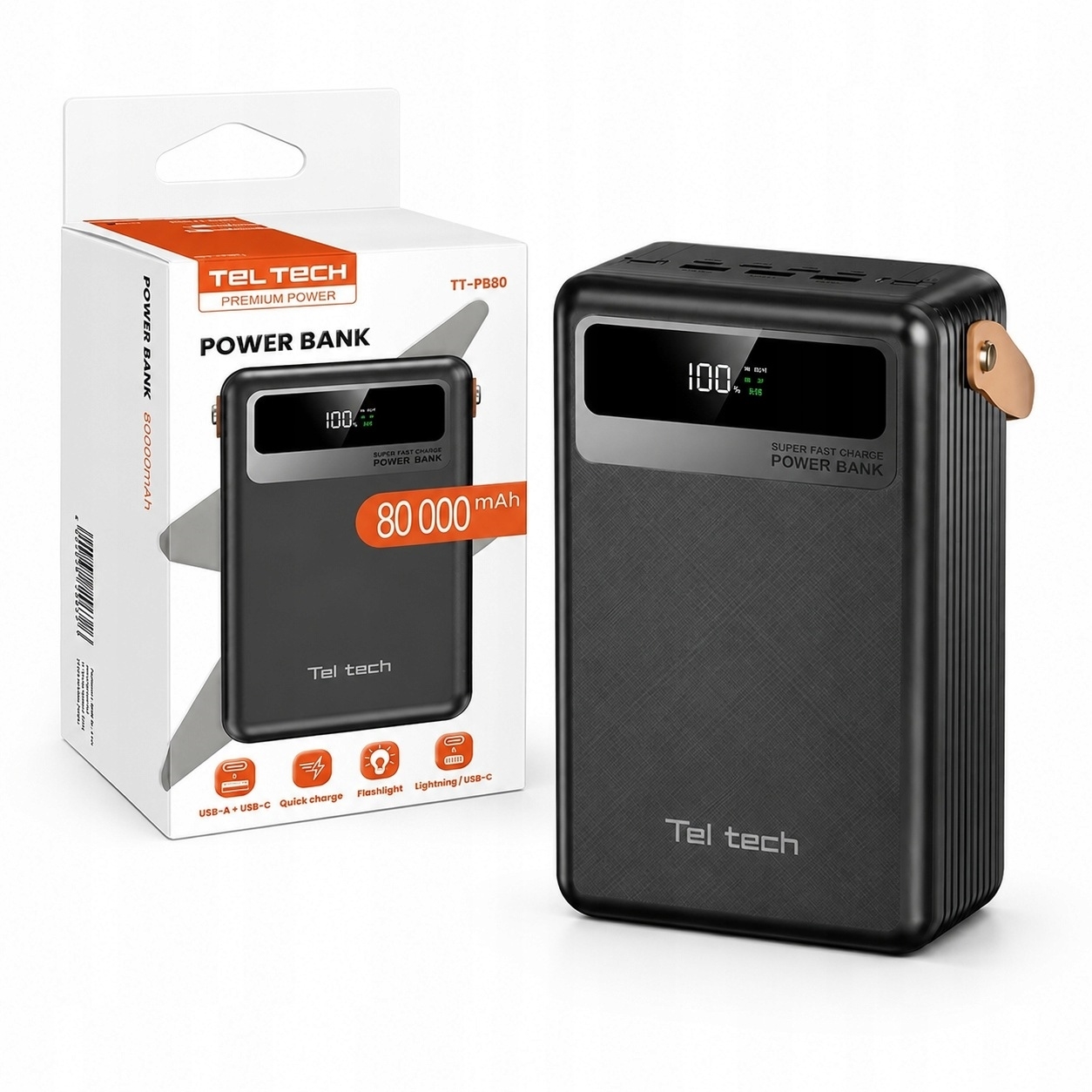 Power Bank Teltech TT-PB80 80000 mAh 22.5W Γρήγορης Φόρτισης με Ενσωματωμένα Καλώδια